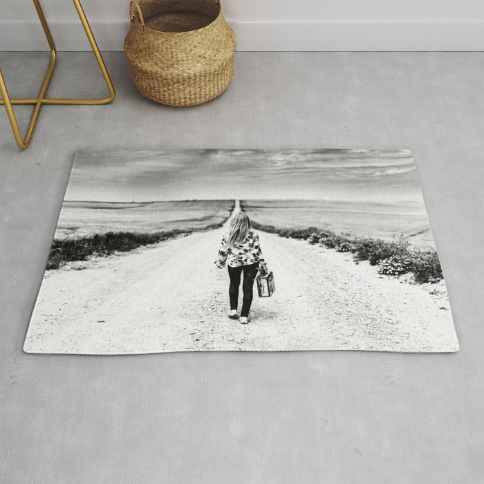 It's a girls world out there; long and winding road inspirational female black and white photograph - photography - photographs Rug