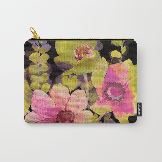 pink flowers and foliage on black Carry-All Pouch