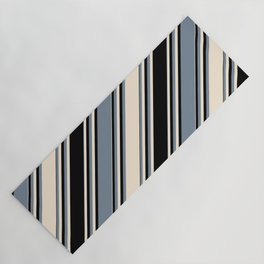 [ Thumbnail: Beige, Black & Light Slate Gray Colored Stripes/Lines Pattern Yoga Mat ]