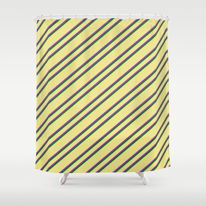 Tan, Dark Orchid & Green Colored Lined/Striped Pattern Shower Curtain