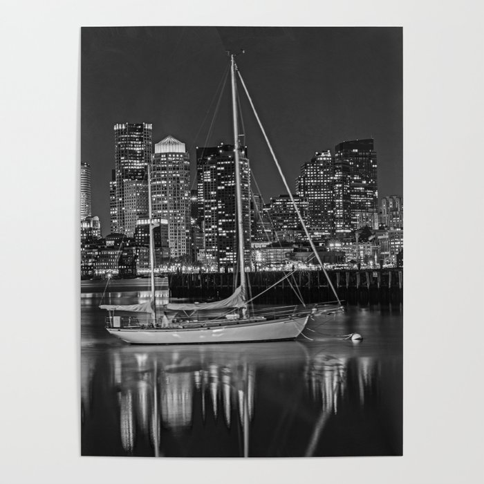 The Boston Skyline From East Boston Sailboat Boston MA Black and White Poster