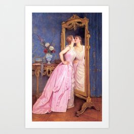 Kiss off!  French belle kissing mirror (vanity) in Parisienne Salon epoque female portrait oil painting by Auguste Toulmouche for home, bedroom and wall decor Art Print
