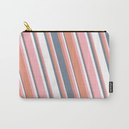 [ Thumbnail: Light Pink, Dark Salmon, Light Slate Gray & White Colored Striped Pattern Carry-All Pouch ]