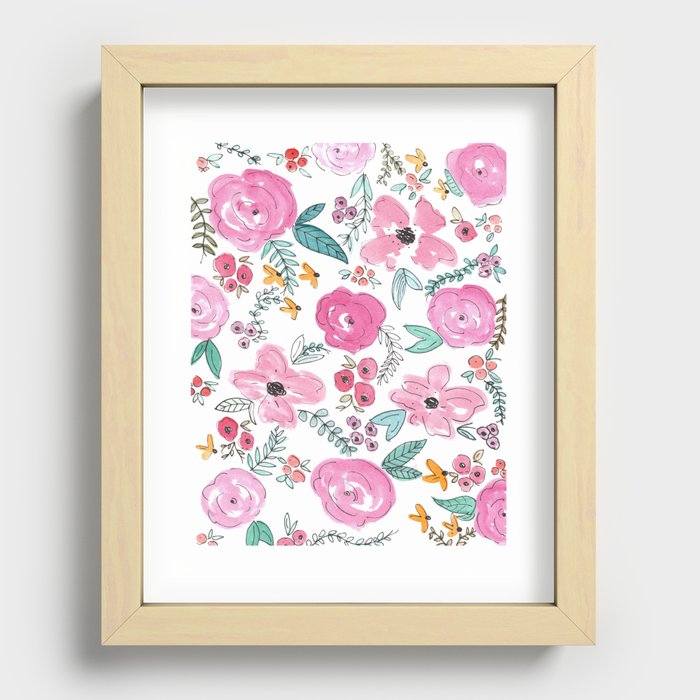 Pink Watercolor Floral Print  Recessed Framed Print