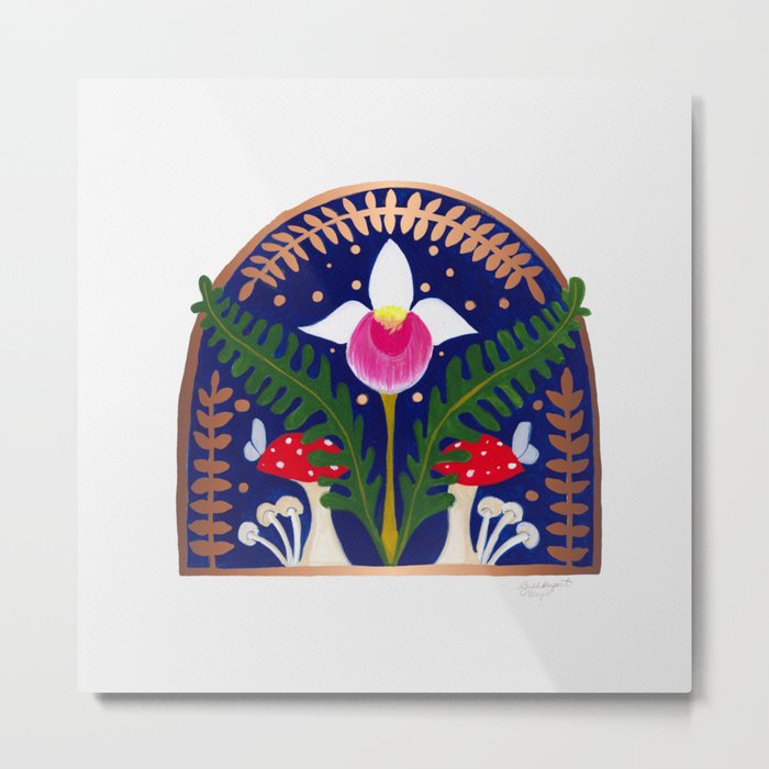 Showy Lady Slipper with ferns and mushrooms Metal Print