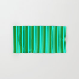 [ Thumbnail: Cyan and Forest Green Colored Stripes Pattern Hand & Bath Towel ]