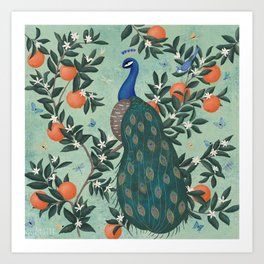 Tropical Peacock Chinoiserie With Oranges Art Print