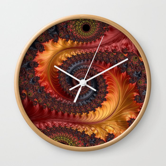 Feathery Flow - Red Fractal Art Wall Clock