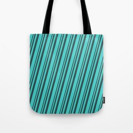 [ Thumbnail: Dark Slate Gray & Turquoise Colored Striped Pattern Tote Bag ]