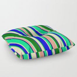 [ Thumbnail: Green, Beige, Dark Salmon, Blue & Dark Green Colored Striped/Lined Pattern Floor Pillow ]