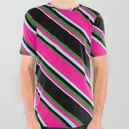 [ Thumbnail: Black, Forest Green, Deep Pink & Turquoise Colored Lined Pattern All Over Graphic Tee ]