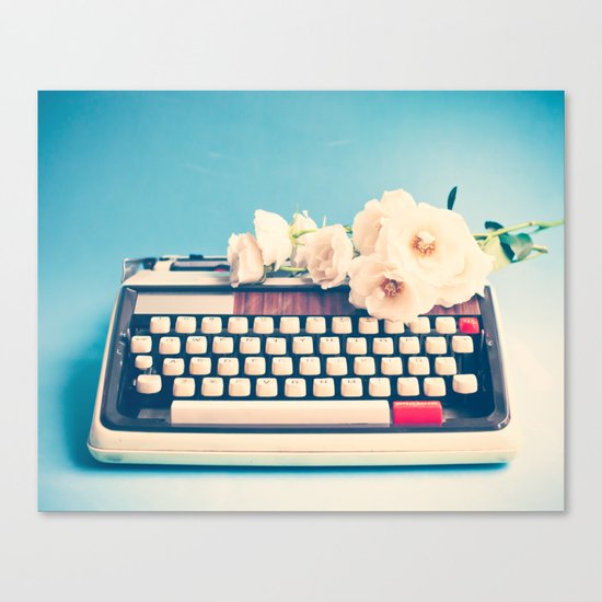 White Typewriter on Blue Canvas Print
