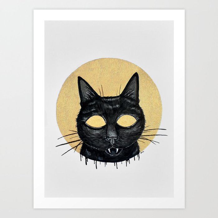 spooky black cat in gold Art Print