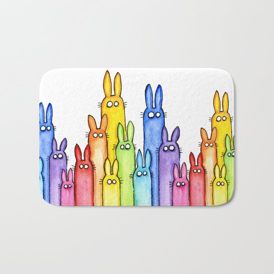 Bunny Rainbow Bunnies Rabbit Watercolor Pattern Whimsical Colorful Animals Bath Mat