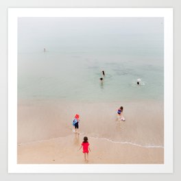 Children on the beach Art Print | People, Color, Infancy, Joy, Playing, Blue, Happiness, Ocean, Photo, Landscape 