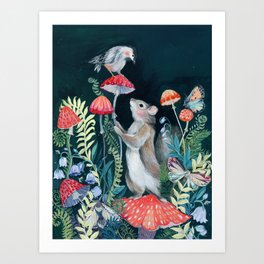 Mushroom garden Art Print | Bird, Watercolor, Acrylic, Garden, Gouache, Painting, Nature, Botanical, Squirrel, Flowers 