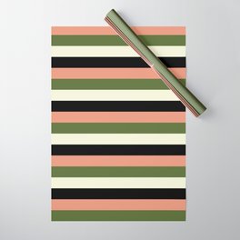 [ Thumbnail: Dark Salmon, Dark Olive Green, Beige & Black Colored Striped Pattern Wrapping Paper ]