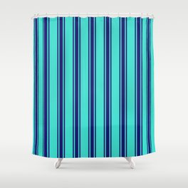 [ Thumbnail: Turquoise & Midnight Blue Colored Pattern of Stripes Shower Curtain ]