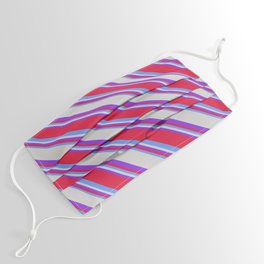 [ Thumbnail: Purple, Crimson, Cornflower Blue, and Light Grey Colored Lined/Striped Pattern Face Mask ]