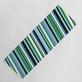 [ Thumbnail: Eye-catching Sky Blue, Forest Green, White, Blue & Black Colored Lined Pattern Yoga Mat ]
