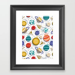 Paper space adventure I // white background multicoloured solar system paper cut planets origami paper spaceships and rockets Framed Art Print
