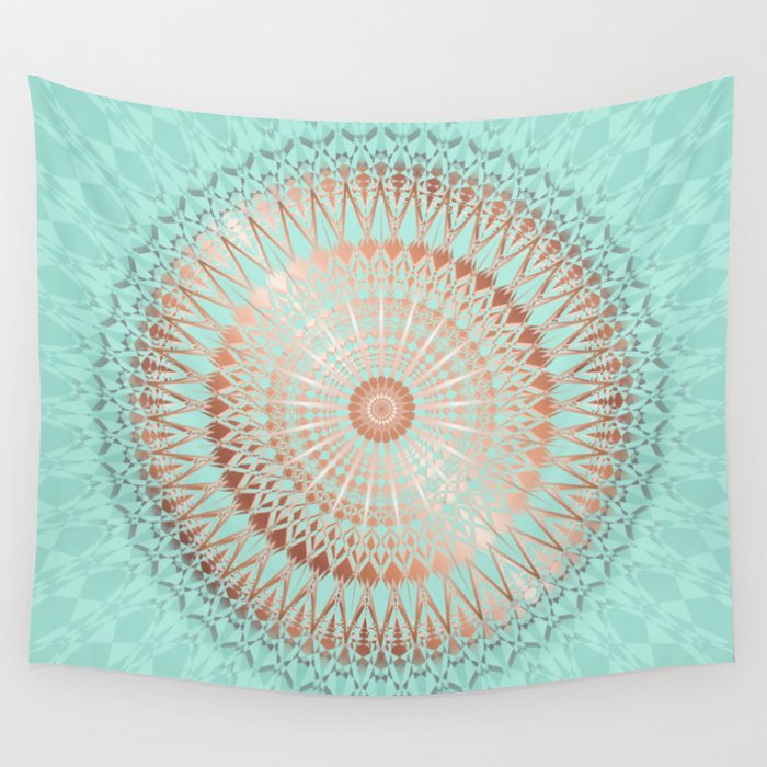 Rose Gold Mint Mandala Wall Tapestry By Ninabaydur