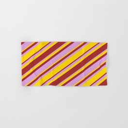 [ Thumbnail: Yellow, Brown, and Plum Colored Pattern of Stripes Hand & Bath Towel ]