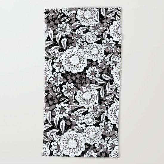 White flowers on a black background. Beach Towel