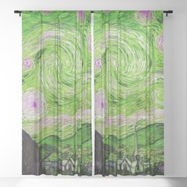 The Starry Night - La Nuit étoilée oil-on-canvas post-impressionist landscape masterpiece painting in alternate light green and fuchsia purple by Vincent van Gogh Sheer Curtain