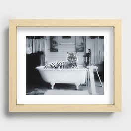 Eye of the Tiger in a vintage claw foot rustic bathtub black and white photograph / photograhy Recessed Framed Print
