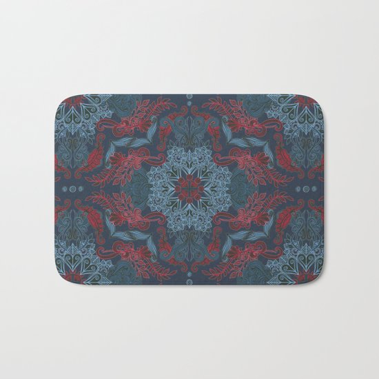 Vintage Fancy - a Pattern in Deep Teal & Red Bath Mat