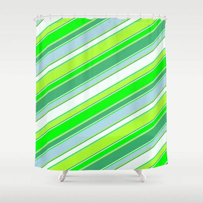 Colorful Sea Green, Mint Cream, Lime, Light Blue, and Light Green Colored Striped/Lined Pattern Shower Curtain