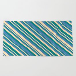 [ Thumbnail: Tan, Teal & Blue Colored Lines/Stripes Pattern Beach Towel ]