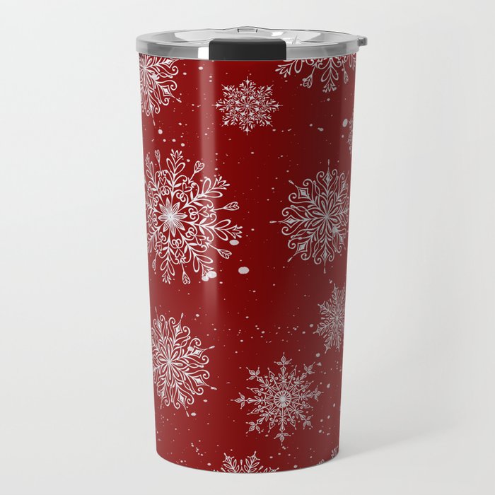 Assorted White Snowflakes On Red Background Travel Mug