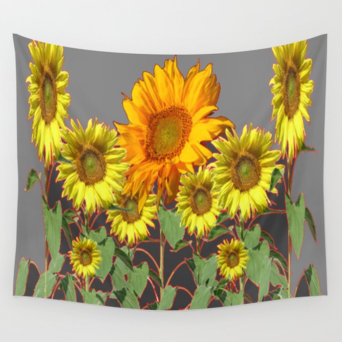 SUNFLOWER FIELD in CHARCOAL GREYS Wall Tapestry