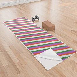 [ Thumbnail: Orchid, Red, Mint Cream, and Forest Green Colored Lines Pattern Yoga Towel ]