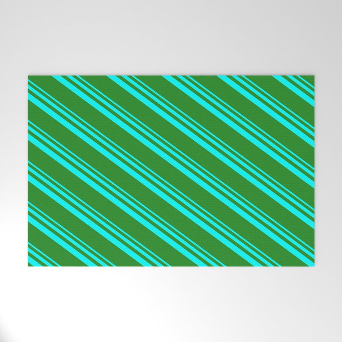 Aqua & Forest Green Colored Lines/Stripes Pattern Welcome Mat