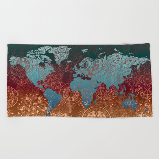 world map mandala vintage Beach Towel
