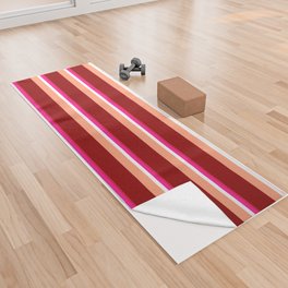 [ Thumbnail: Crimson, Deep Pink, White, Light Salmon, and Dark Red Colored Lines Pattern Yoga Towel ]