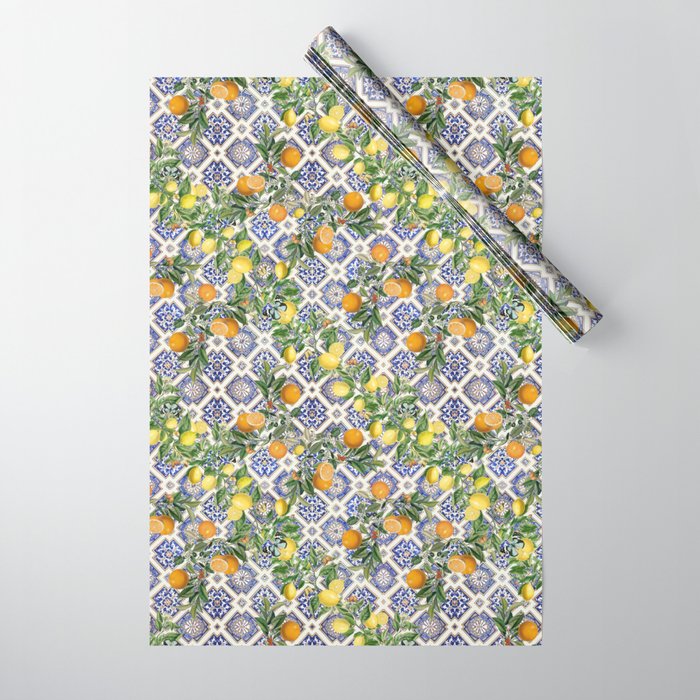 Sicilian Citrus, Mediterranean tiles & vintage lemons & orange fruit pattern Wrapping Paper