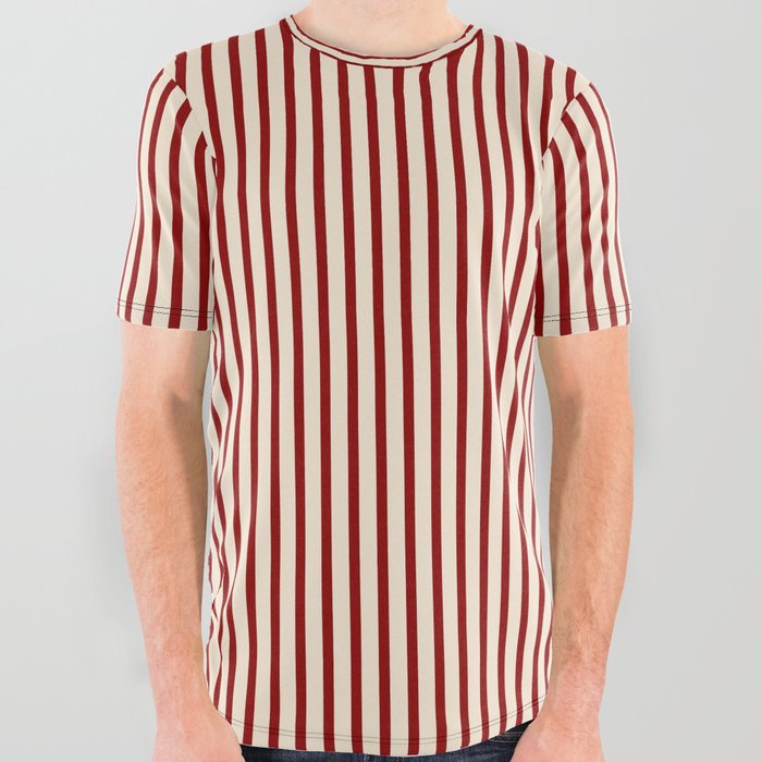 Beige and Dark Red Colored Pattern of Stripes All Over Graphic Tee