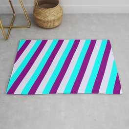 [ Thumbnail: Aqua, Purple, and Lavender Colored Lined Pattern Rug ]