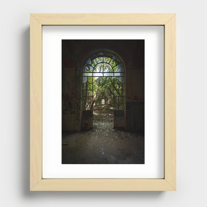 Arched door with broken windows in an old dilapidated Italian building Recessed Framed Print
