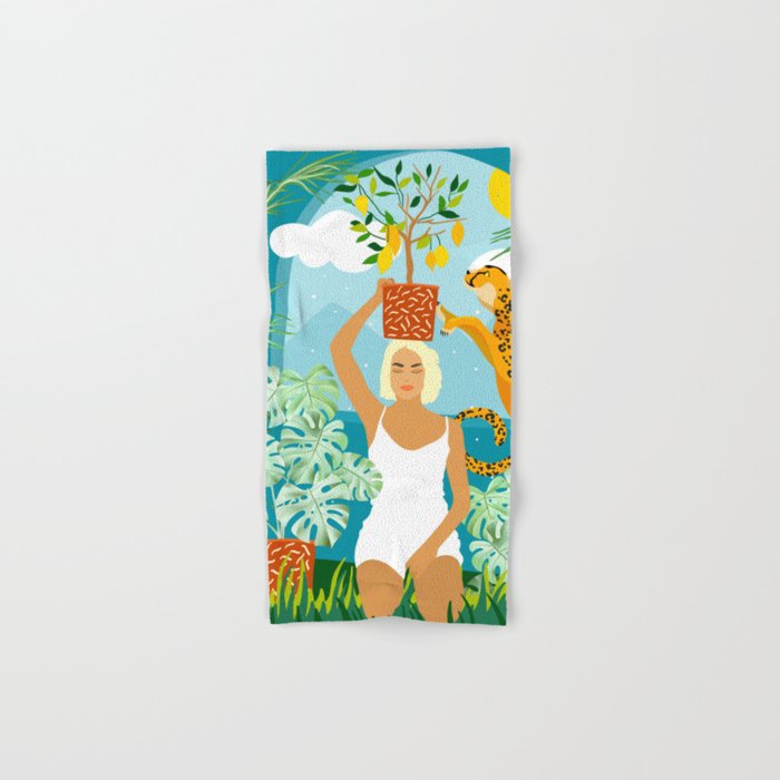 Bring The Jungle Home Illustration, Tropical Cheetah Wild Cat & Woman Painting Hand & Bath Towel