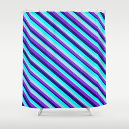 [ Thumbnail: Midnight Blue, Aqua, Light Blue, and Purple Colored Lined/Striped Pattern Shower Curtain ]