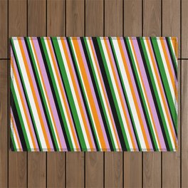 [ Thumbnail: Eye-catching Forest Green, Black, Plum, Dark Orange, and White Colored Striped Pattern Outdoor Rug ]