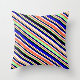 [ Thumbnail: Eye-catching Blue, Bisque, Red, Green, and Black Colored Lines/Stripes Pattern Throw Pillow ]