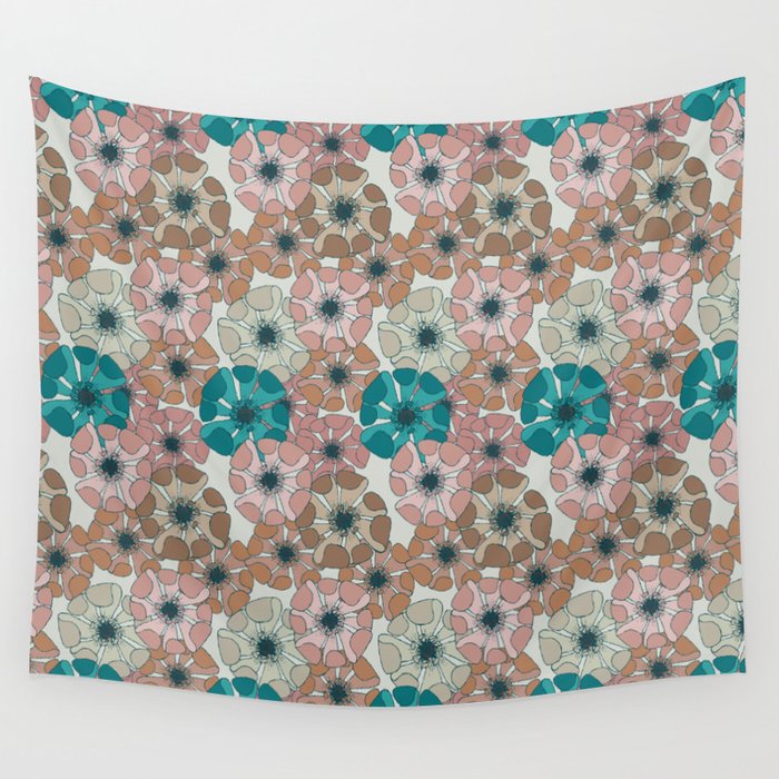 teal green and ecru floral poppy arrangements Wall Tapestry