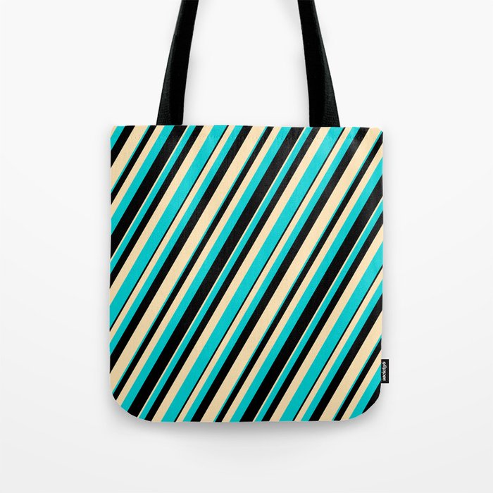 Beige, Dark Turquoise & Black Colored Lines/Stripes Pattern Tote Bag
