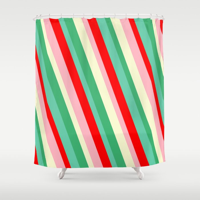 Vibrant Sea Green, Aquamarine, Red, Light Pink, and Light Yellow Colored Stripes Pattern Shower Curtain